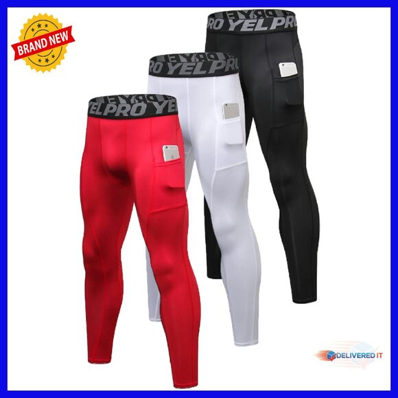 Men's Compression Pants 3-Pack with Pockets for Running Cycling Workout